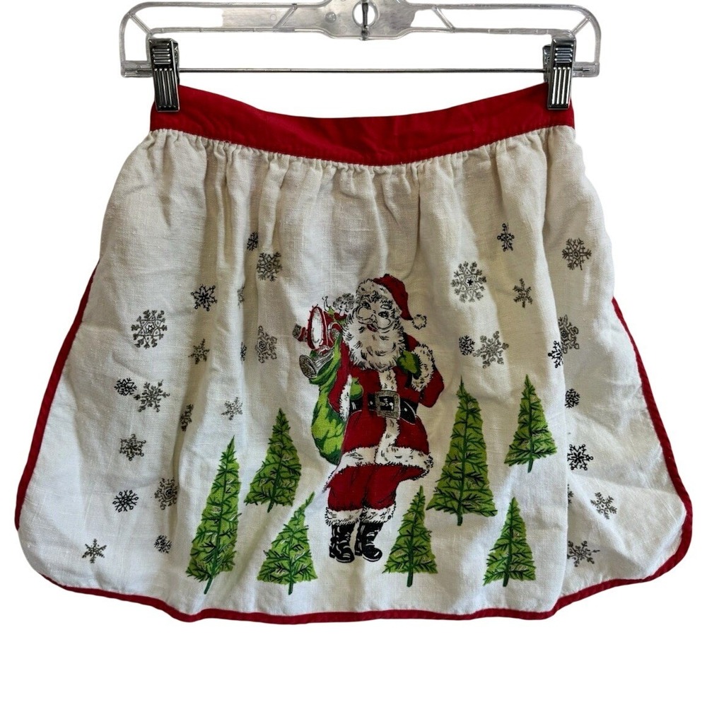 Vintage Style Santa Christmas Half Apron Red Trim Snowflakes Holiday Kitchen